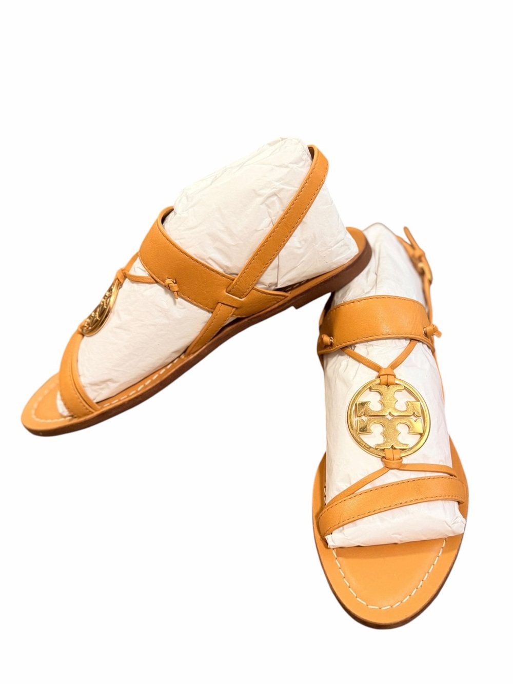 Tory Burch New Miller Slingback Sandals Caramel Leather Gold Logo 7.5